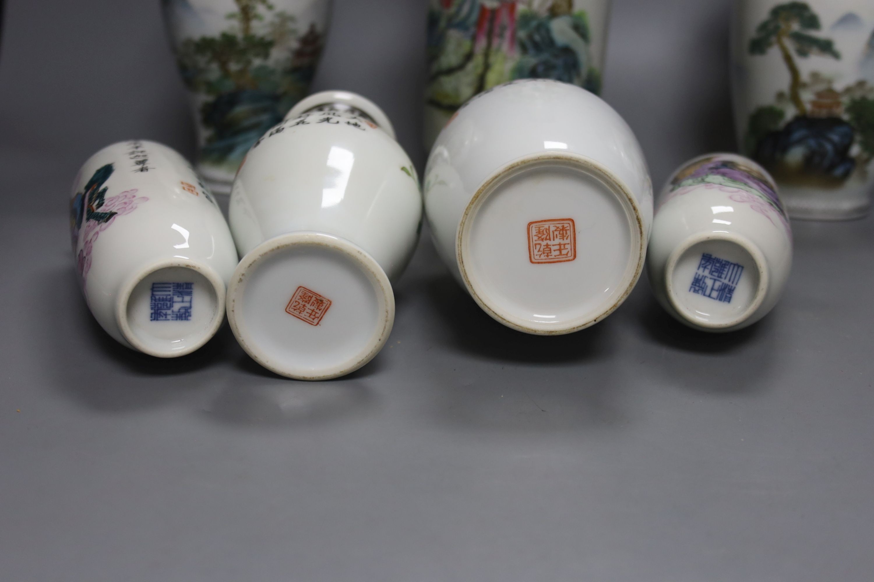 A group of seven Chinese famille rose vases, 20th century